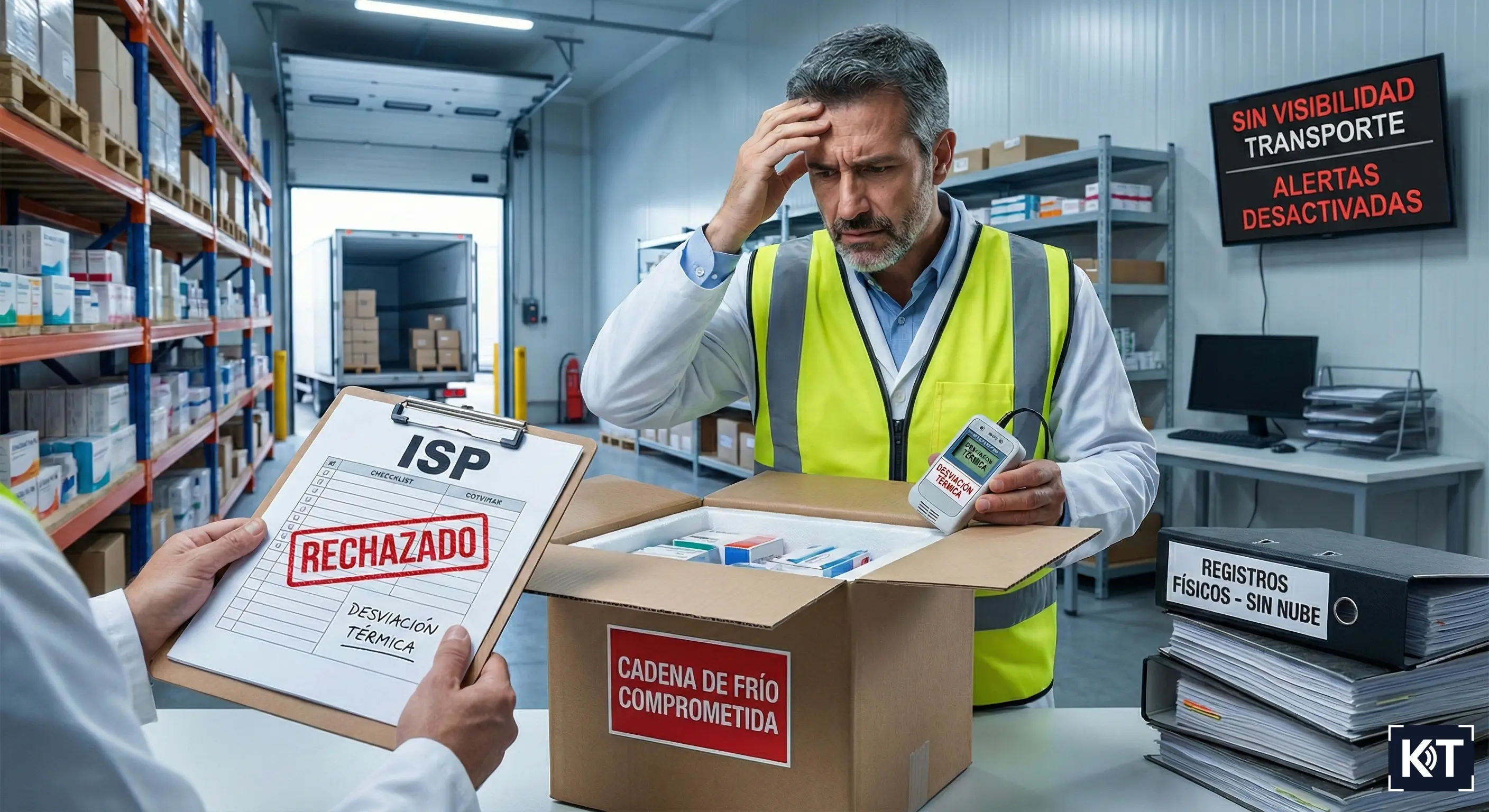 Inspección ISP en bodega farmacéutica con producto rechazado por desviación térmica y cadena de frío comprometida durante el transporte.