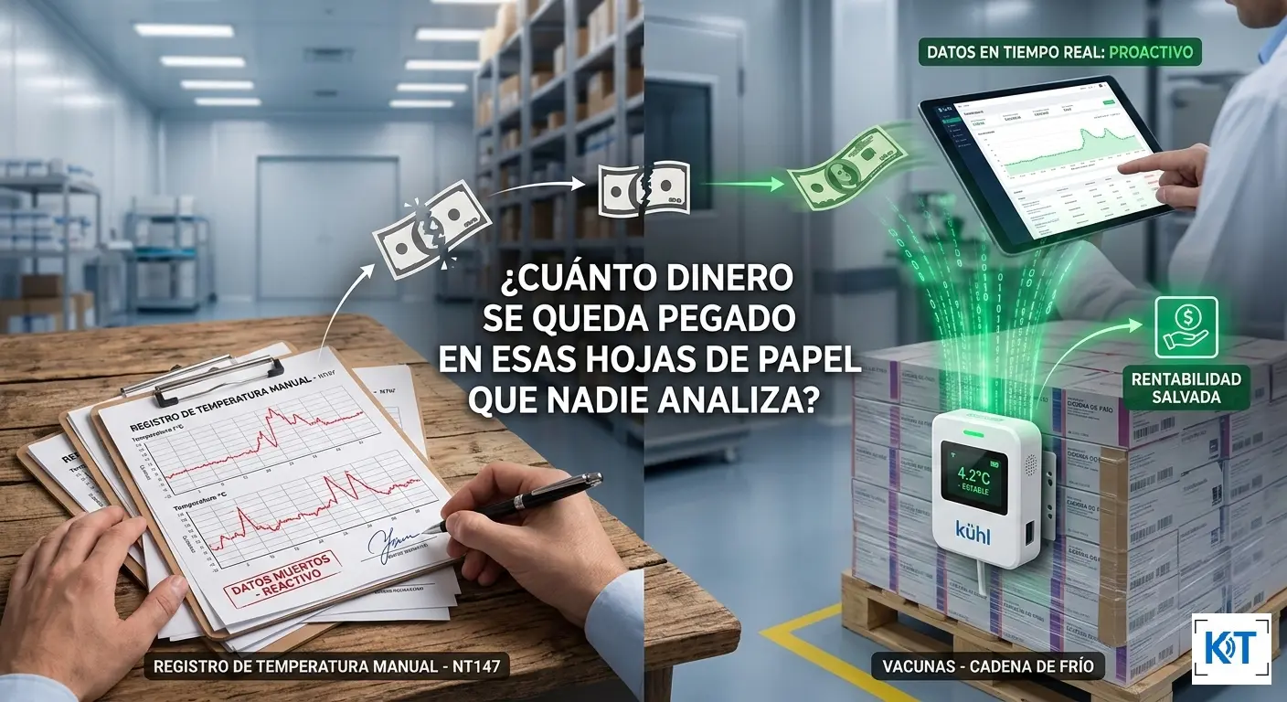 Farmacéutico realizando inspección control temperatura enlazando correctamente datos de temperatura a la nube.
