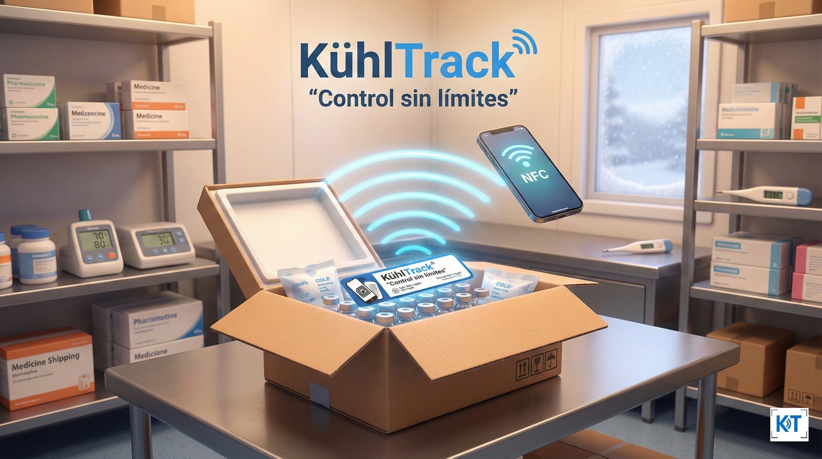 Caja de transporte de medicamentos con un dispositivo de monitoreo KühlTrack transmitiendo datos de forma inalámbrica vía NFC a un smartphone, en un entorno de laboratorio.