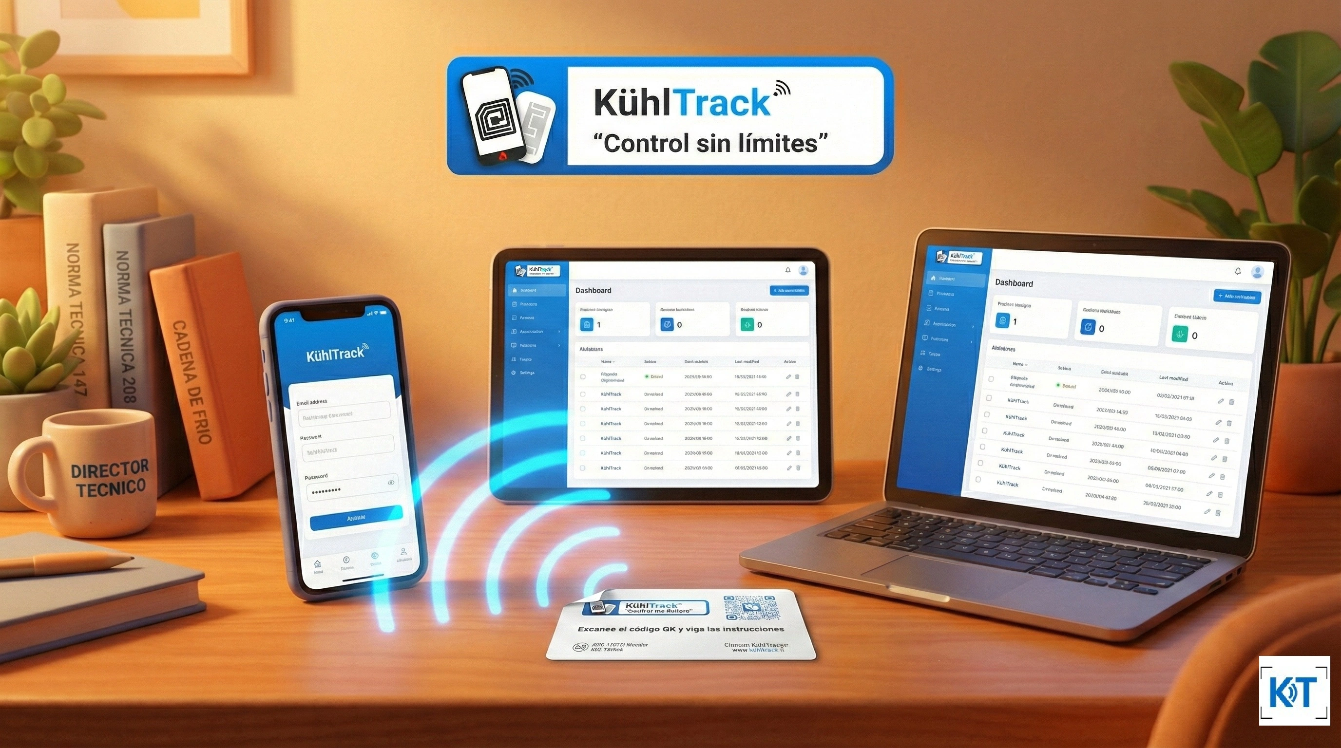 Profesional farmacéutico utilizando tablet en almacén de farmacia con sistema digital KUHLTRACK para control de inventario, analítica de datos y gestión en la nube.