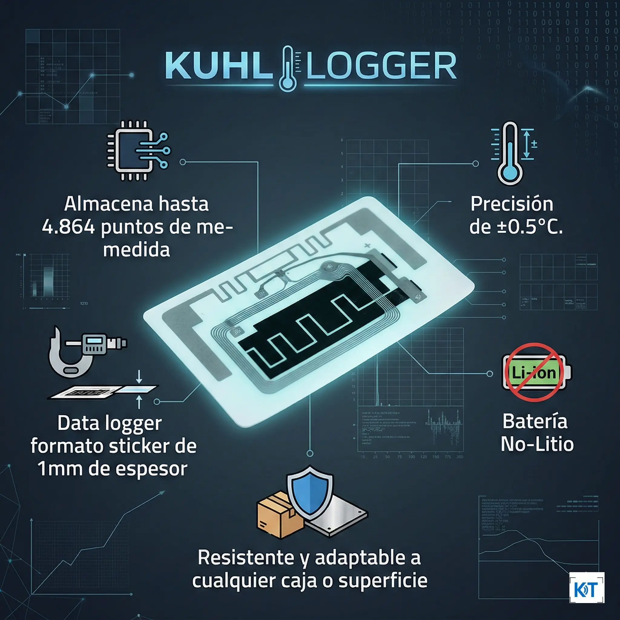 Infografía de la etiqueta inteligente KUHL LOGGER tipo sticker de 1 mm de espesor. Destaca su capacidad de 4.864 mediciones, precisión de 0.5°C, batería sin litio y alta resistencia para adherirse a cualquier superficie.