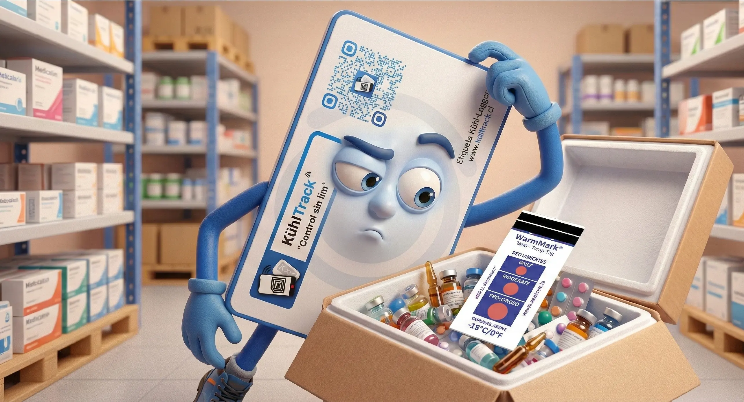 La mascota Kühltrin, un personaje con forma de tarjeta inteligente, observa con preocupación el interior de una caja térmica abierta llena de medicamentos y vacunas. En la caja destaca un indicador de temperatura WarmMark que marca una alerta en rojo, todo dentro del contexto de una bodega de suministros médicos.