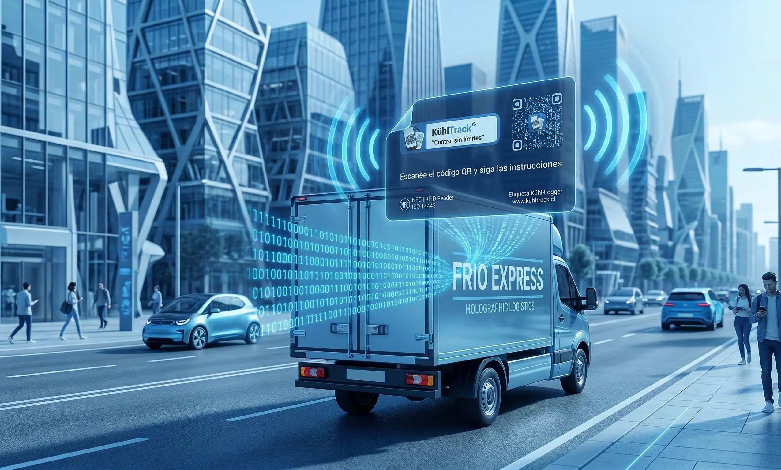 Furgoneta de Frio Express en una ciudad moderna con una etiqueta holográfica de KühlTrack que muestra un código QR y tecnología NFC/RFID para monitoreo logístico.