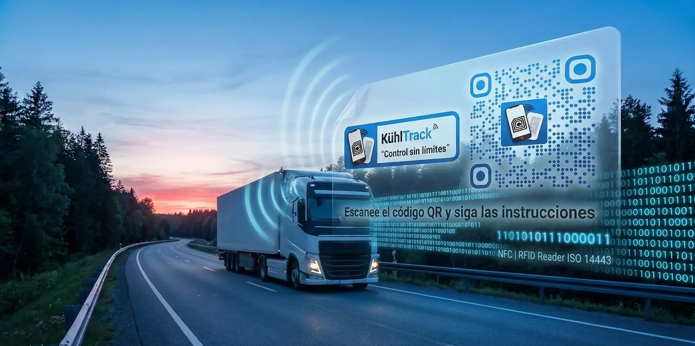 Camión en ruta con interfaz digital de KühlTrack. Muestra el escaneo de códigos QR y tecnología NFC para el monitoreo de transporte refrigerado.
