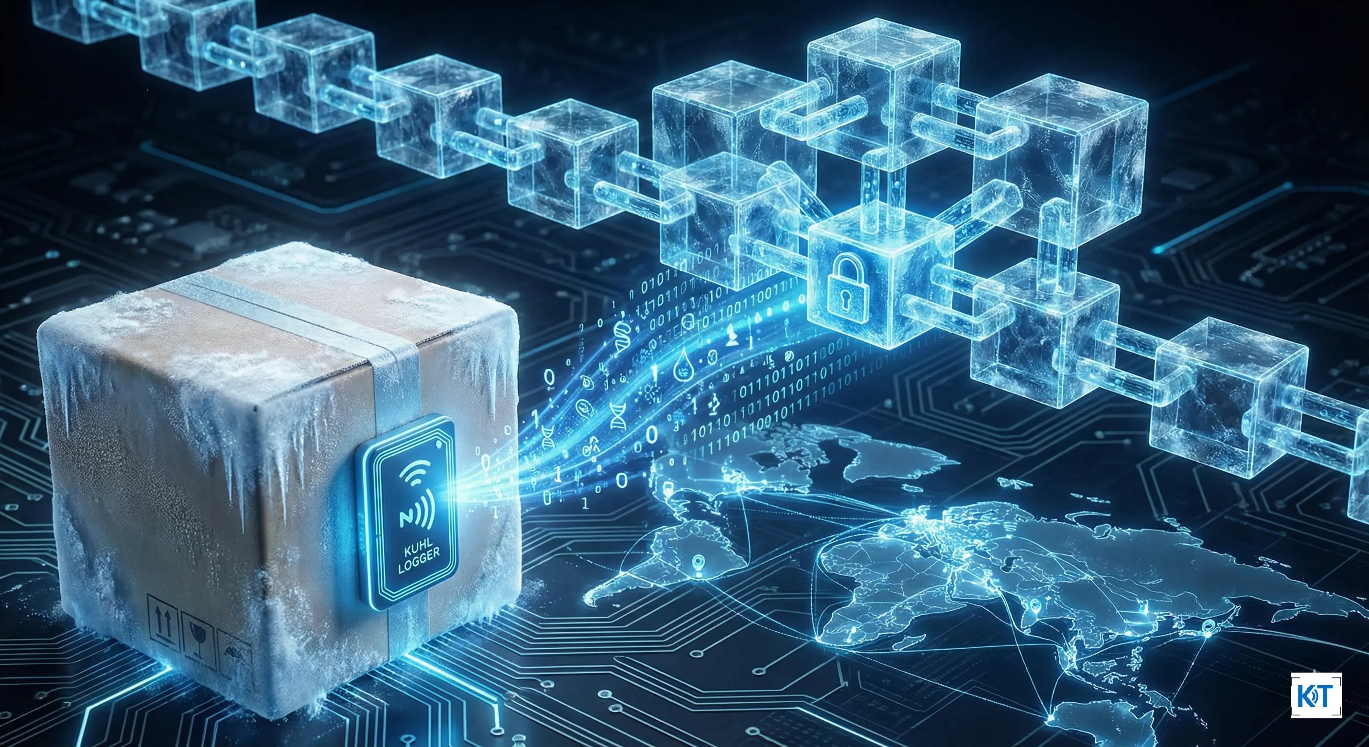 Paquete congelado con sensor Kühl Logger conectado a una cadena de bloques digital (blockchain) sobre un mapa mundial, representando trazabilidad segura en la cadena de frío.