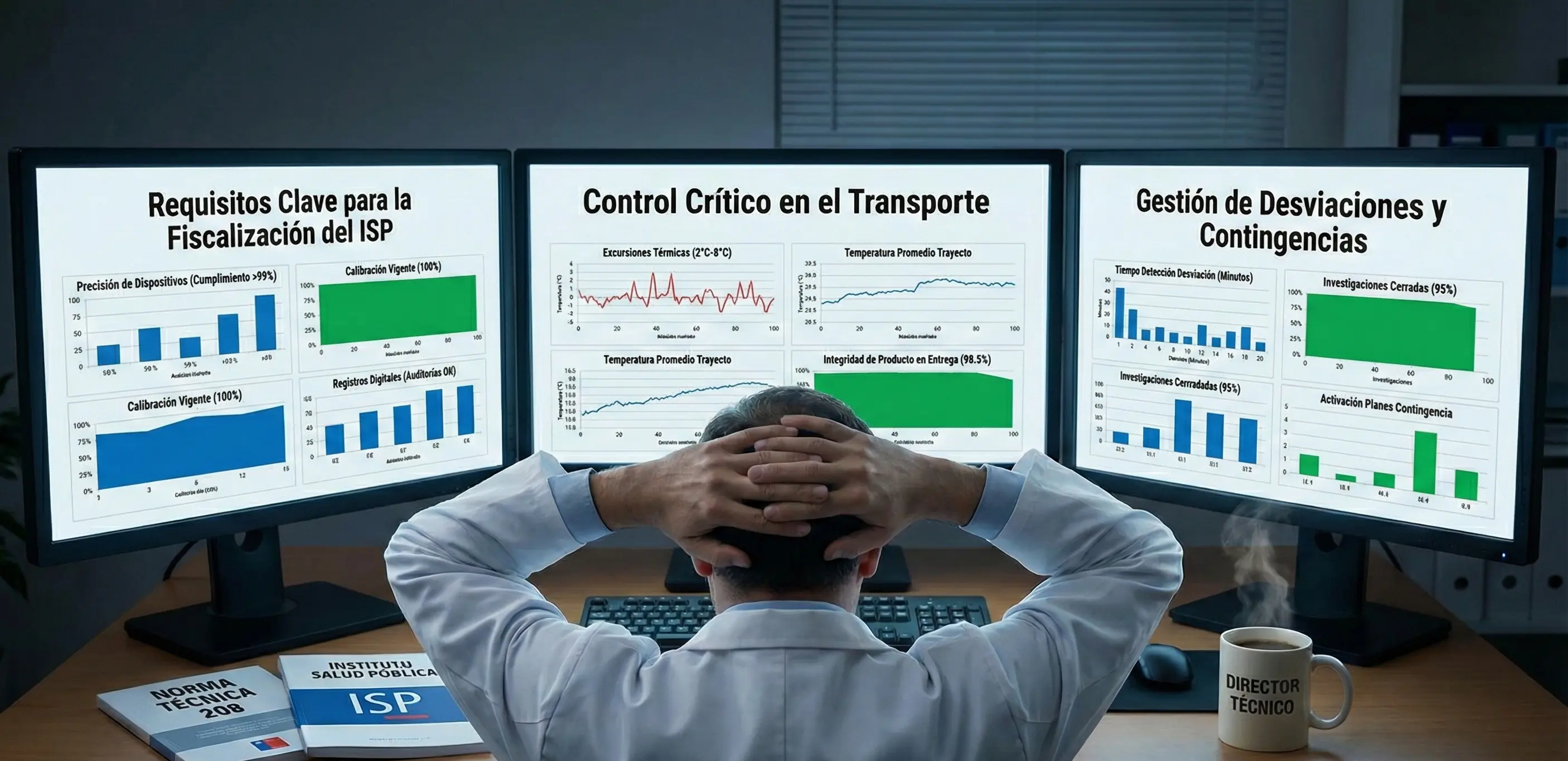 Director técnico revisando en tres monitores los requisitos clave para fiscalización del ISP, control crítico en transporte y gestión de desviaciones con indicadores y gráficos de cumplimiento.