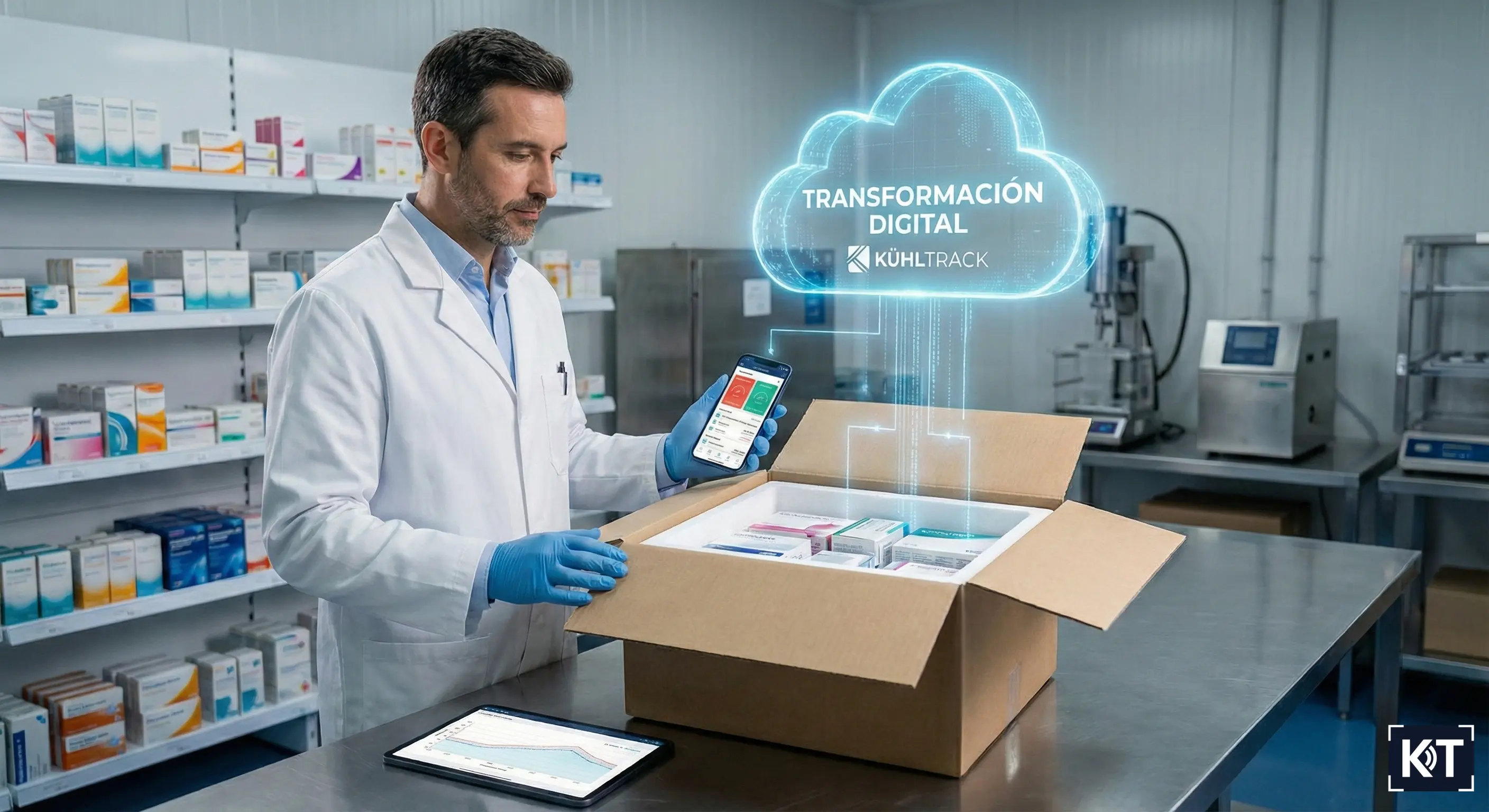 Farmacéutico realizando inspección control temperatura enlazando correctamente datos de temperatura a la nube.